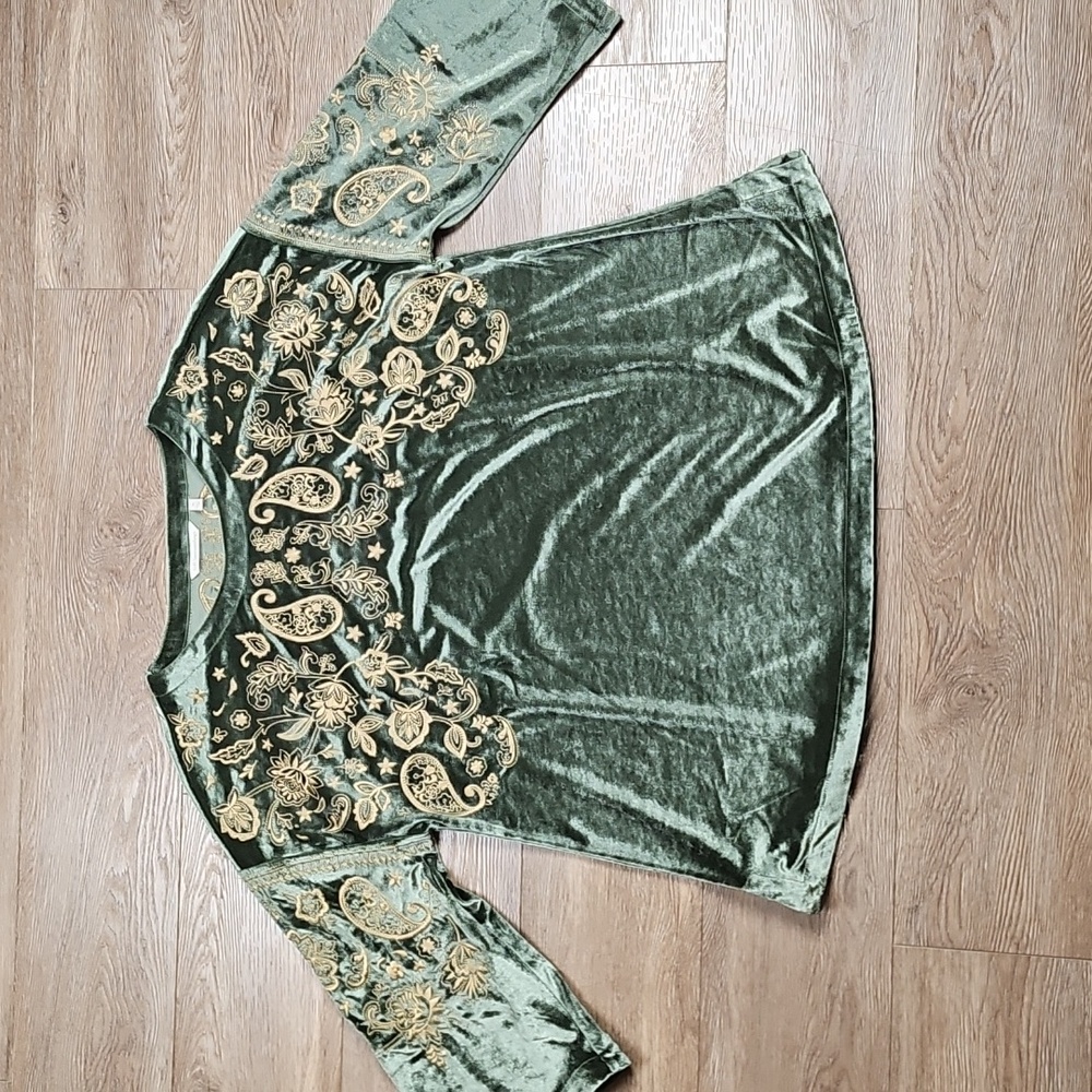 Soft Surroundings Olive Green Velvet Embroidered Tunic - Picture 10 of 16